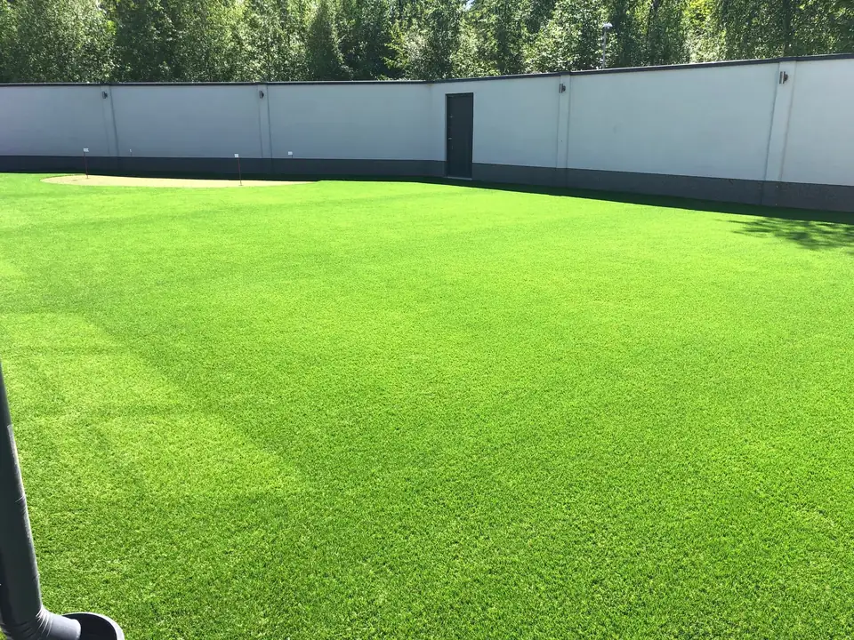 Laaja tekonurmipiha valkoisen muurin ja metsän reunassa.